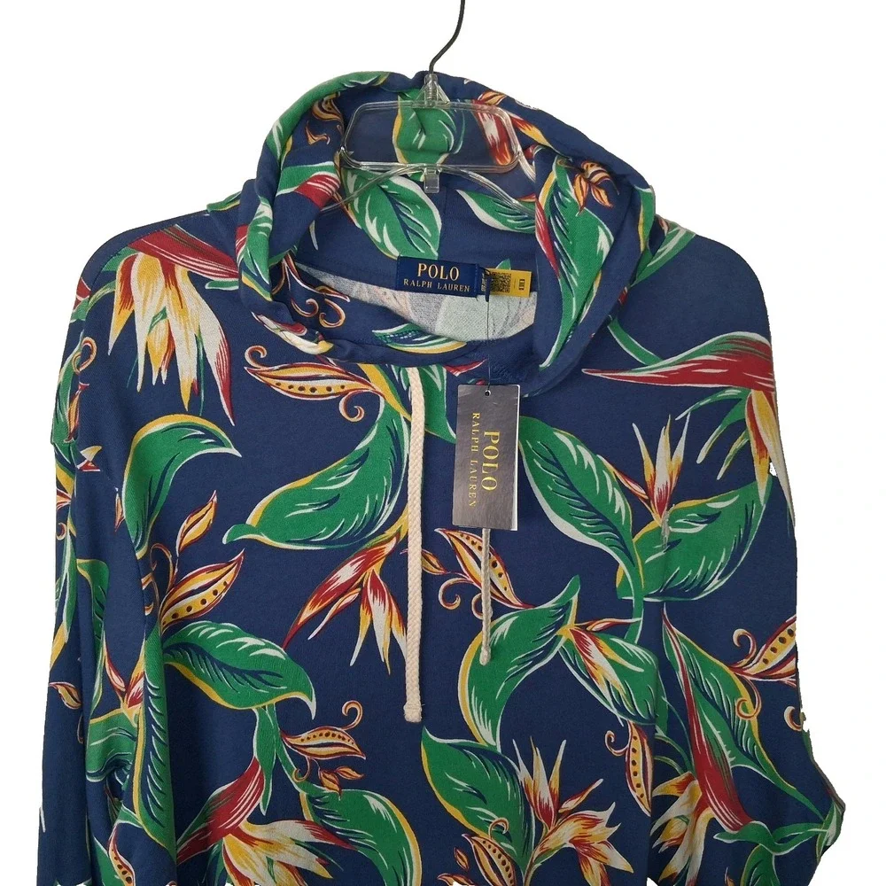 NWT Polo Ralph Lauren Men's XL Blue Tropical Floral Jersey Knit Hoodie $148.00